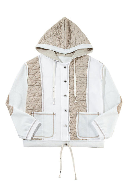 Beige Quilted Textured Patchwork Hooded Jacket - Vesteeto