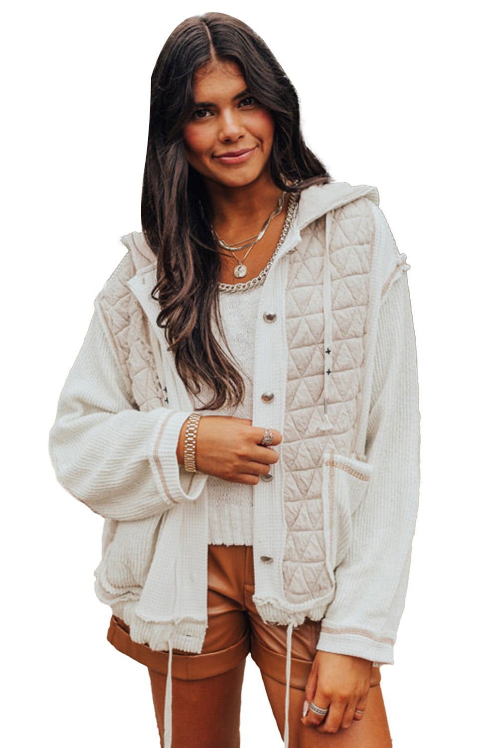 Beige Quilted Textured Patchwork Hooded Jacket - Vesteeto