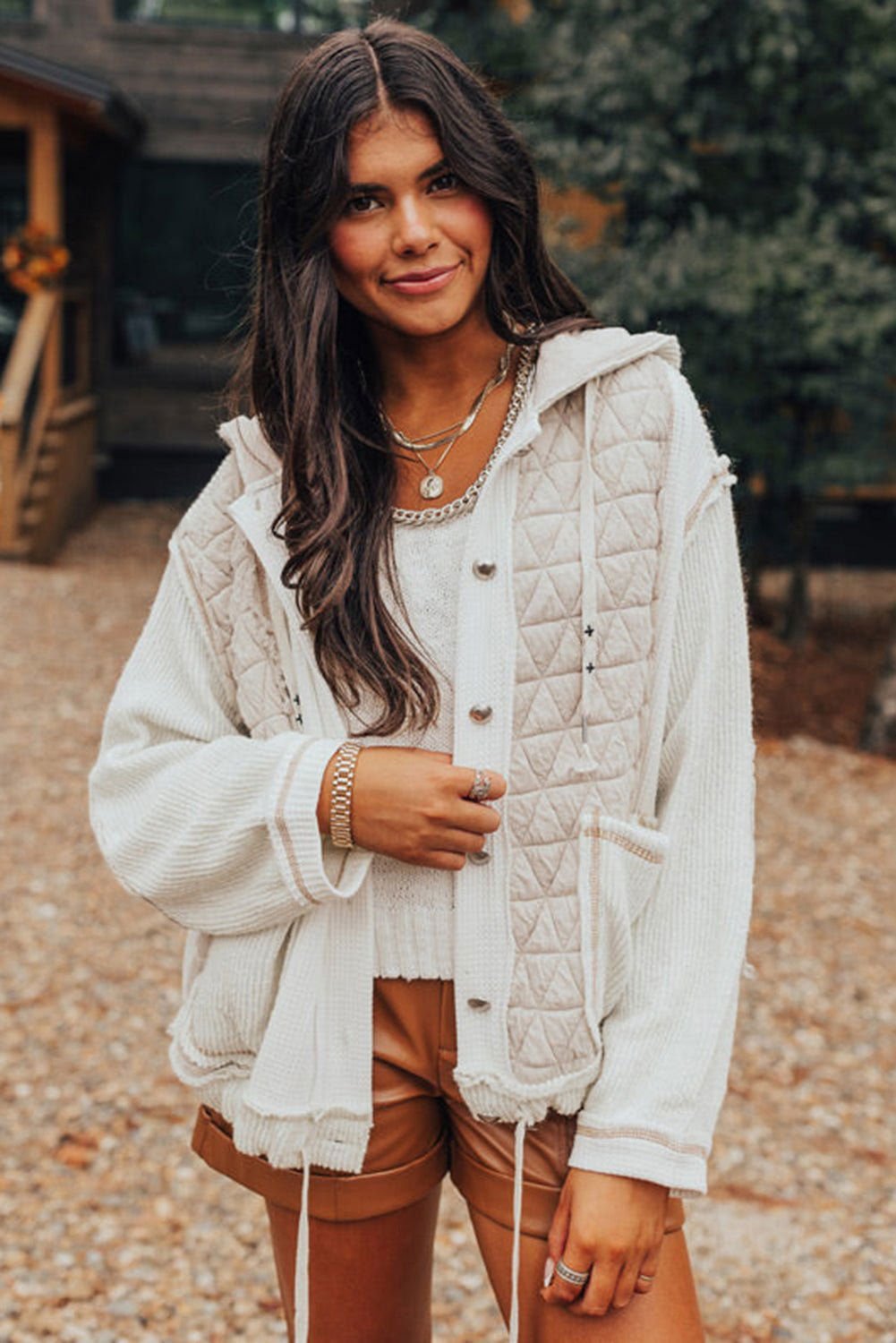 Beige Quilted Textured Patchwork Hooded Jacket - Vesteeto