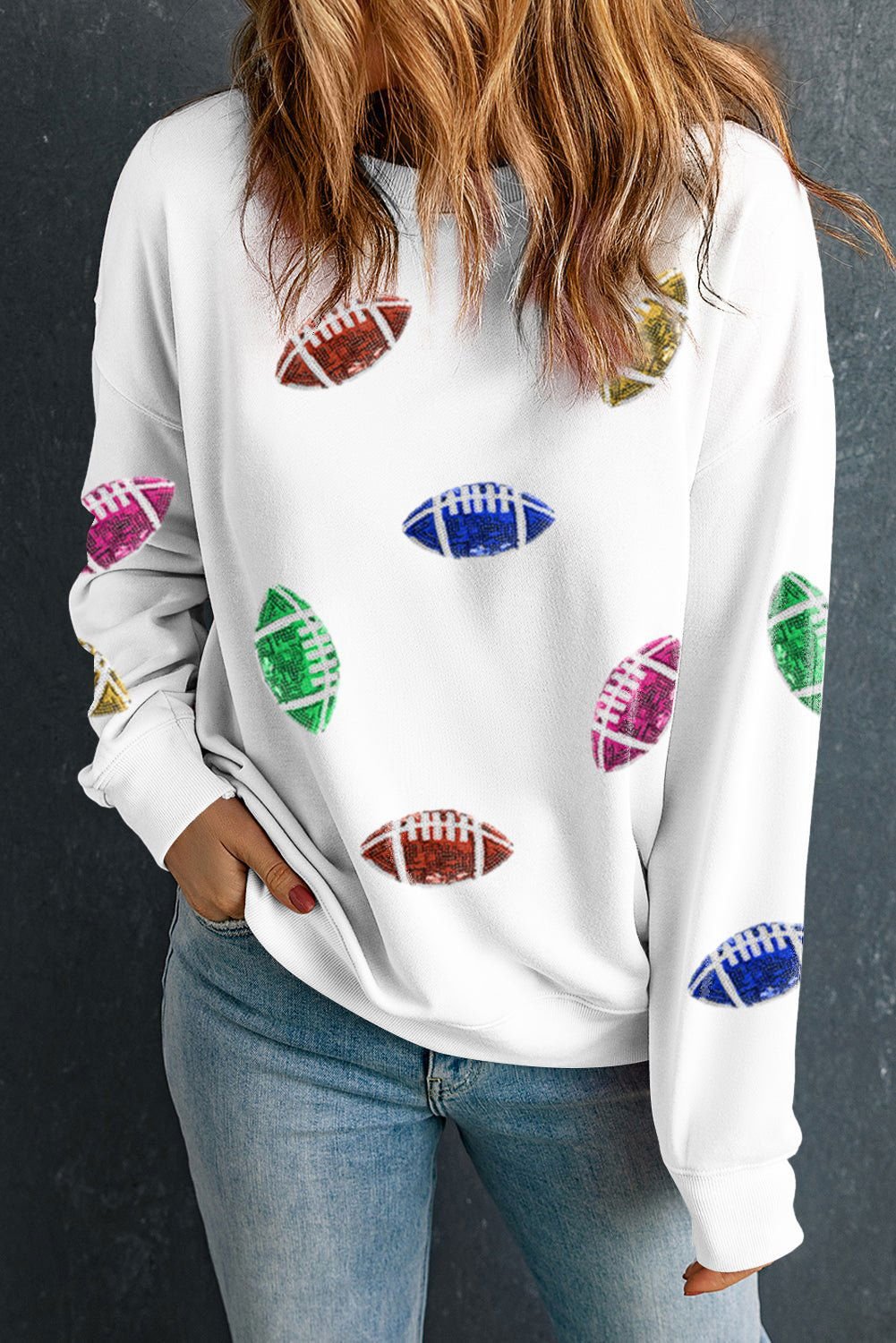 Beige Sequin Rugby Graphic Drop Sleeve Sweatshirt - Vesteeto