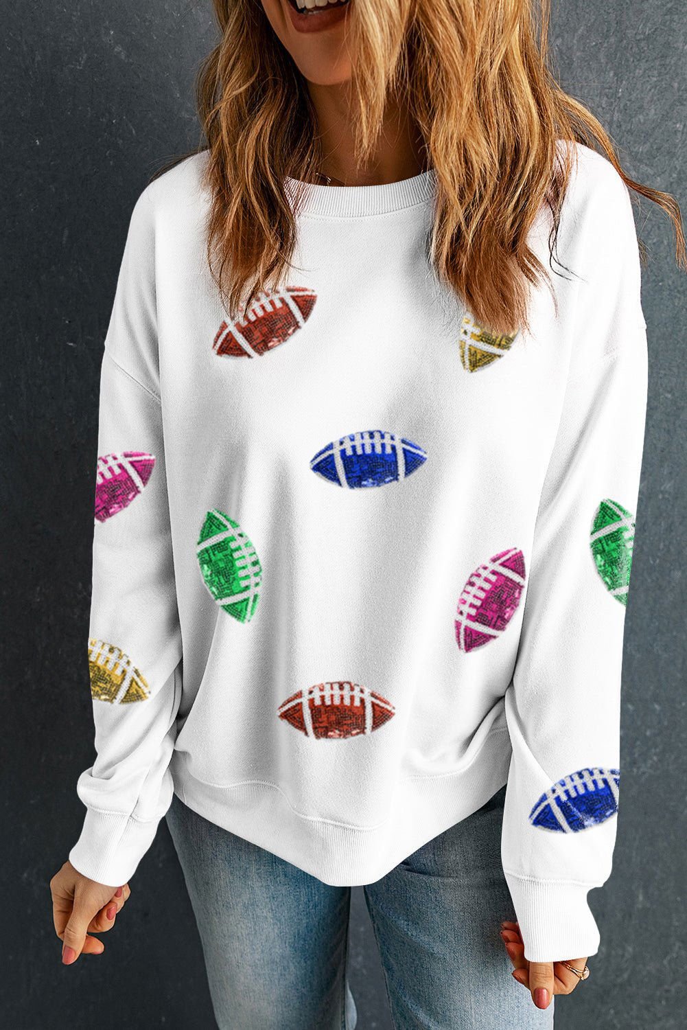 Beige Sequin Rugby Graphic Drop Sleeve Sweatshirt - Vesteeto