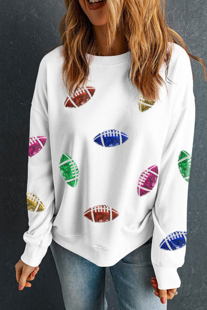 Beige Sequin Rugby Graphic Drop Sleeve Sweatshirt - Vesteeto