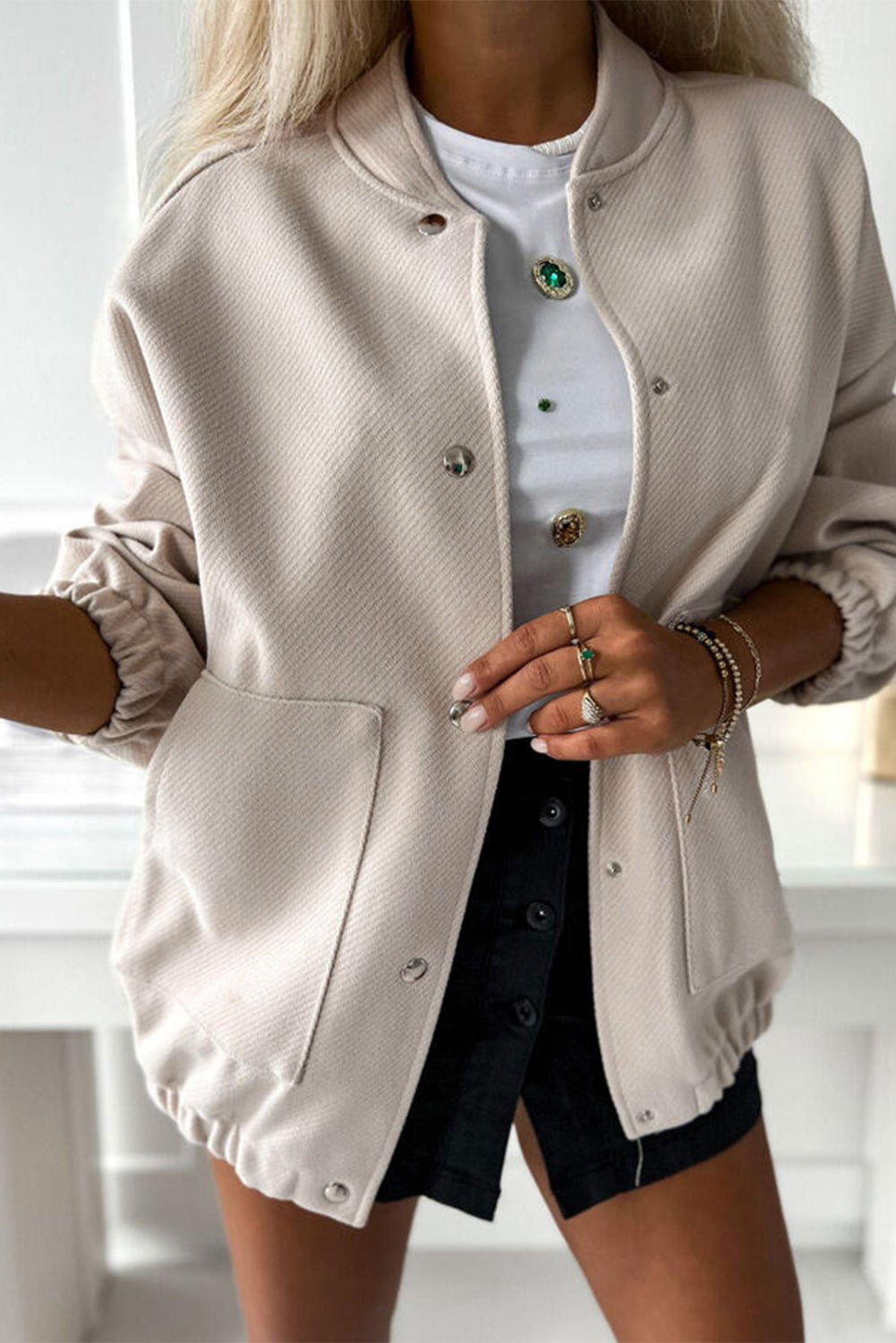 Beige Snap Button Pocketed Bomber Jacket - Vesteeto