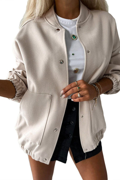 Beige Snap Button Pocketed Bomber Jacket - Vesteeto