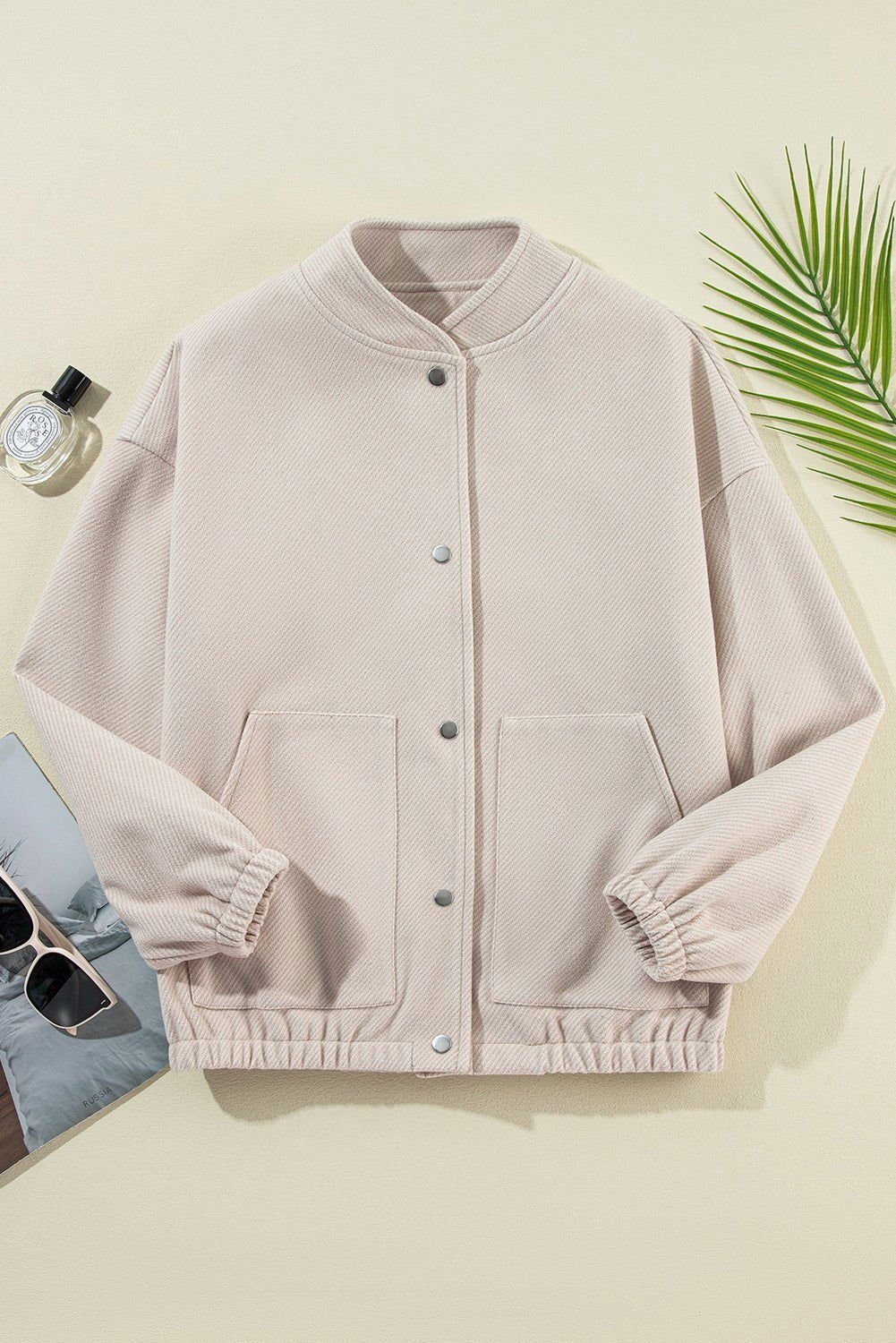 Beige Snap Button Pocketed Bomber Jacket - Vesteeto