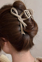 Beige Solid Color Bowknot Large Hair Claw - Vesteeto