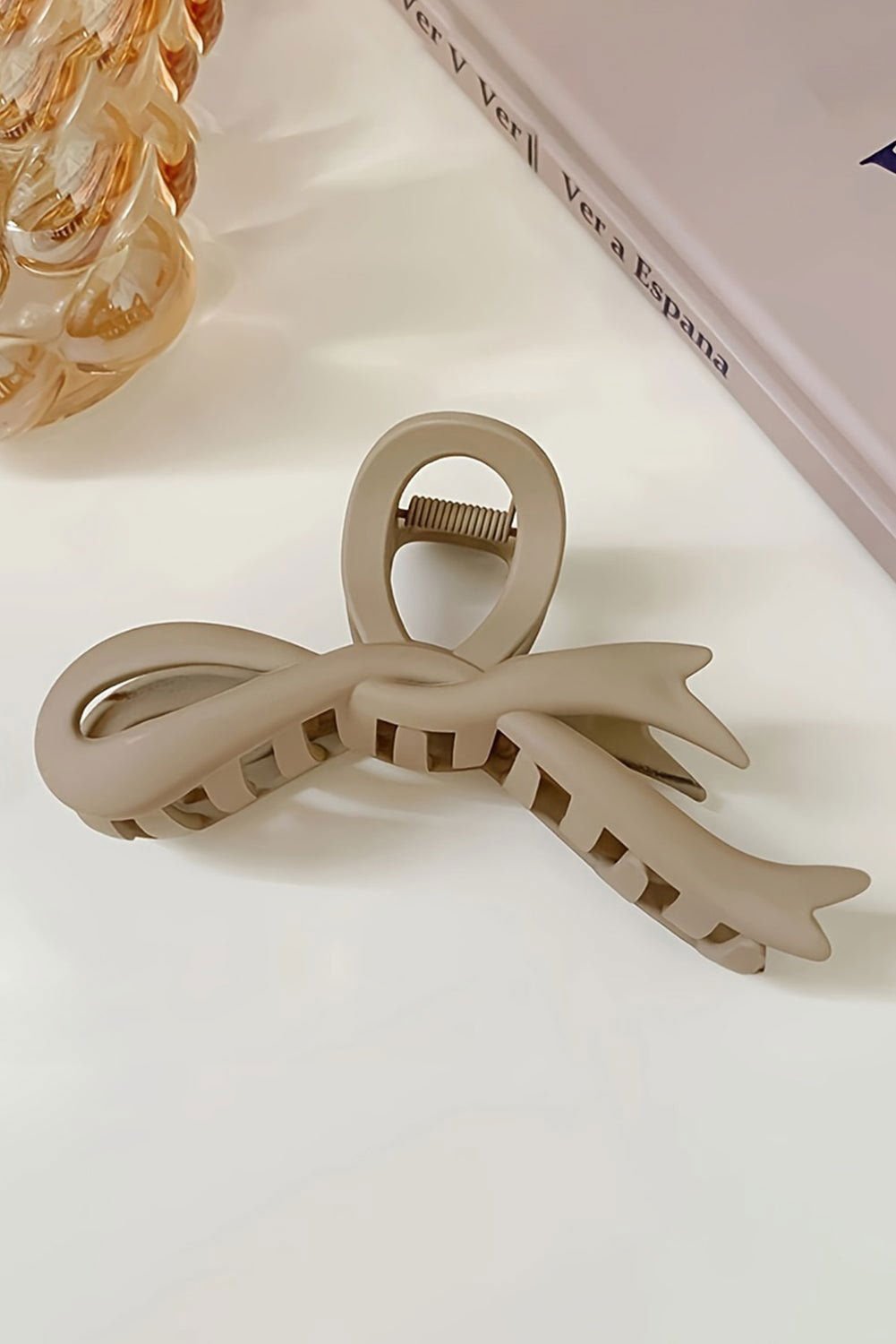 Beige Solid Color Bowknot Large Hair Claw - Vesteeto