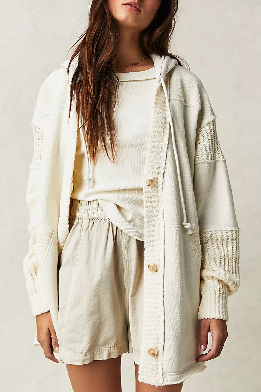 Beige Solid Color Button Down Long Hooded Cardigan - Vesteeto