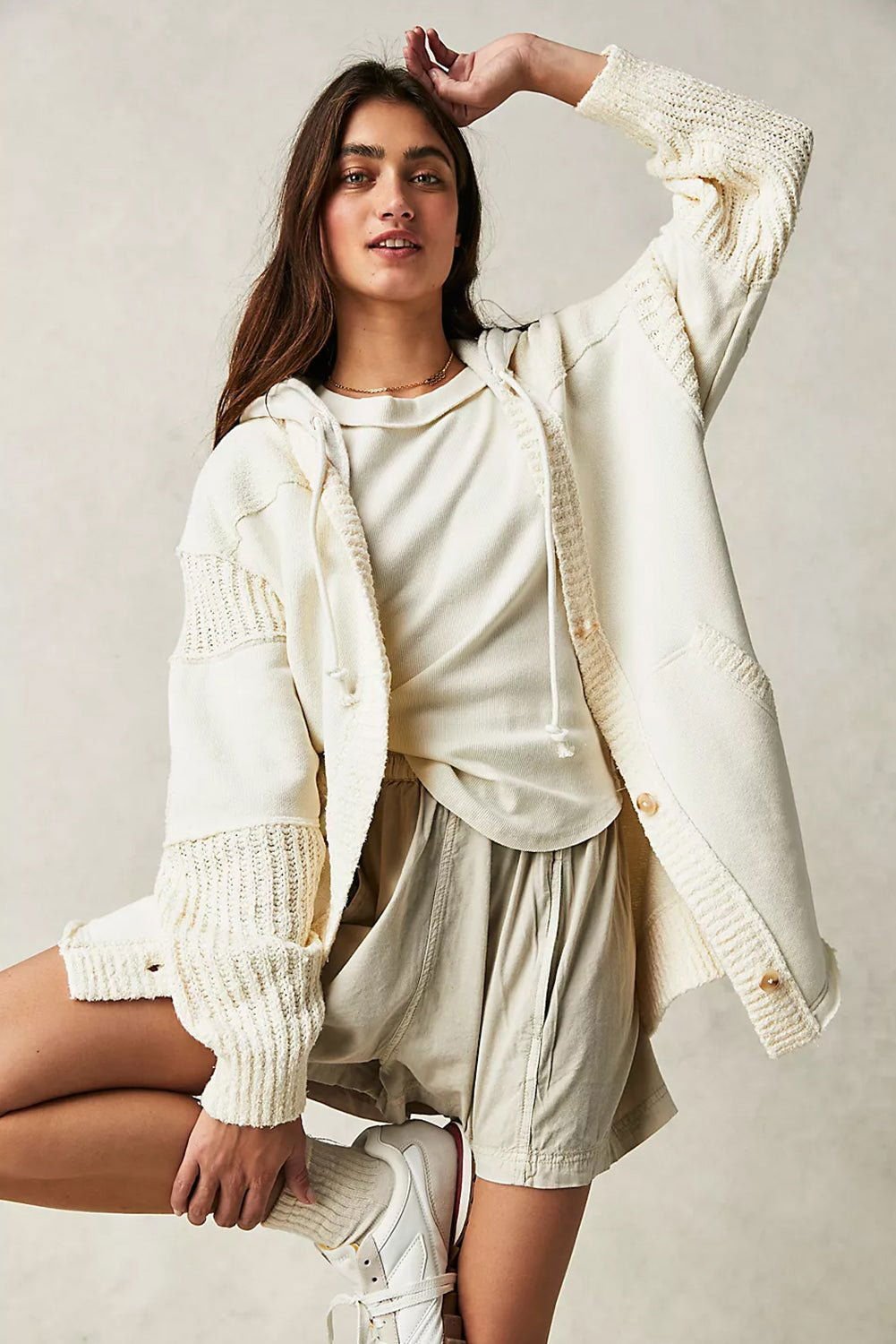 Beige Solid Color Button Down Long Hooded Cardigan - Vesteeto