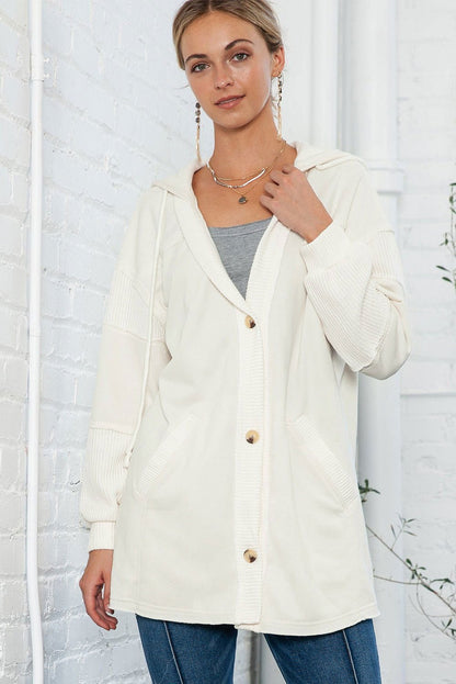 Beige Solid Color Button Down Long Hooded Cardigan - Vesteeto