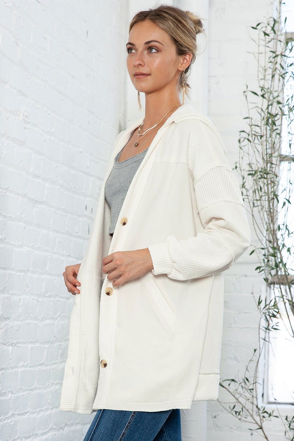 Beige Solid Color Button Down Long Hooded Cardigan - Vesteeto