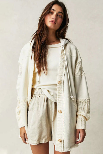 Beige Solid Color Button Down Long Hooded Cardigan - Vesteeto