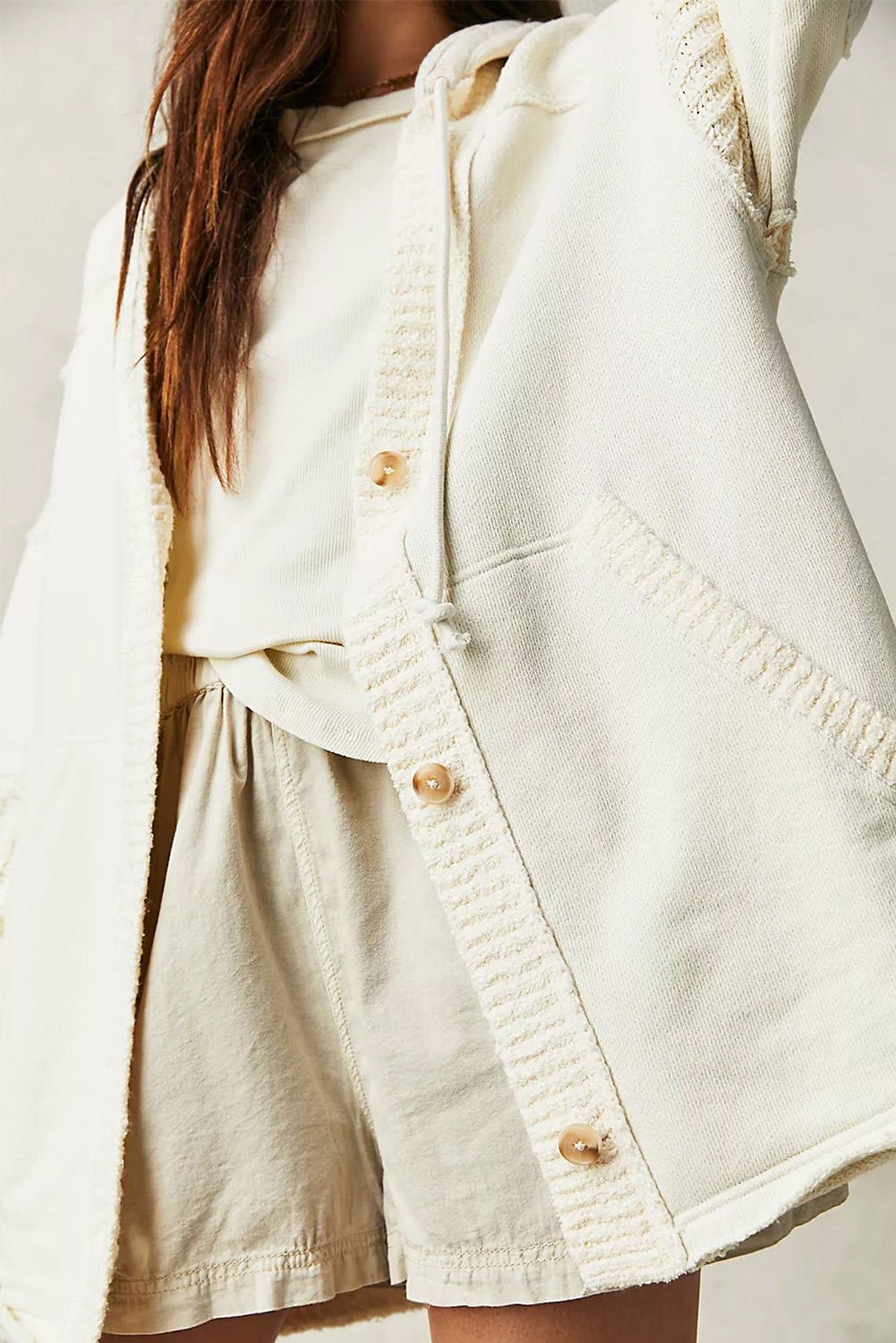 Beige Solid Color Button Down Long Hooded Cardigan - Vesteeto