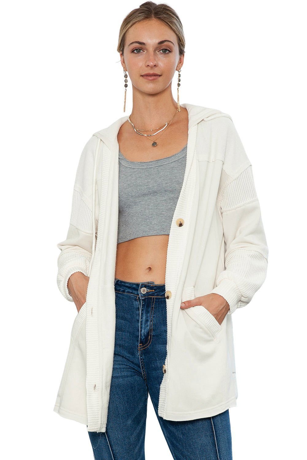 Beige Solid Color Button Down Long Hooded Cardigan - Vesteeto