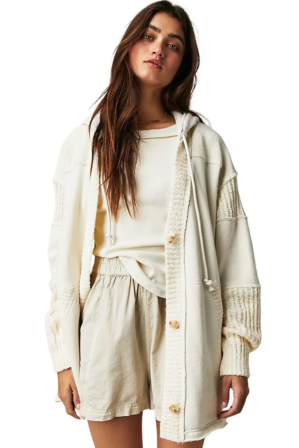 Beige Solid Color Button Down Long Hooded Cardigan - Vesteeto