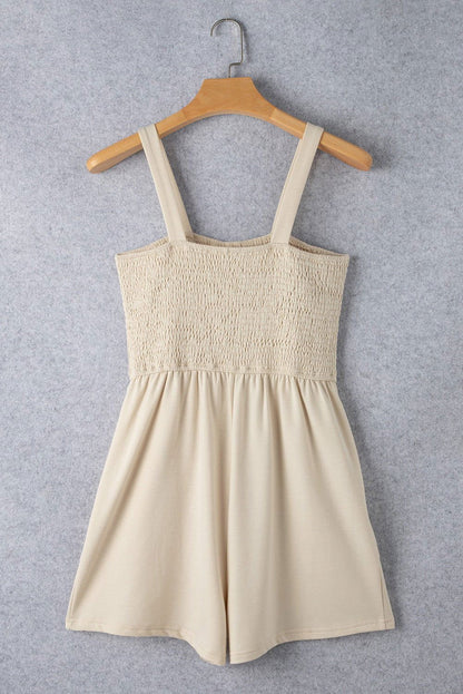 Beige Solid Color Buttons Smocked Sleeveless Romper - Vesteeto