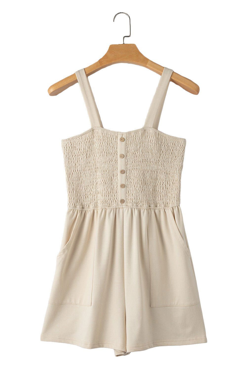 Beige Solid Color Buttons Smocked Sleeveless Romper - Vesteeto