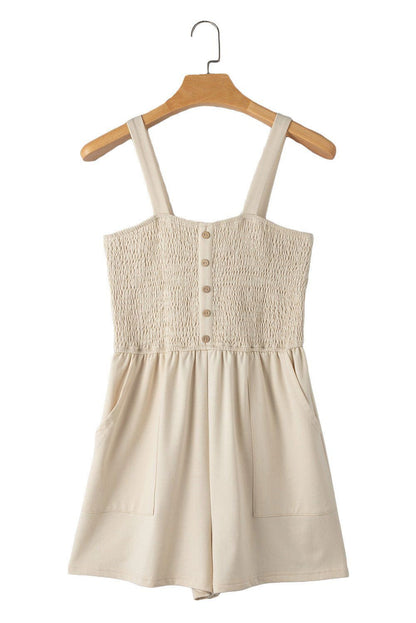 Beige Solid Color Buttons Smocked Sleeveless Romper - Vesteeto