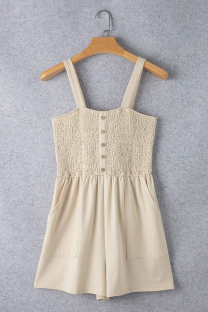 Beige Solid Color Buttons Smocked Sleeveless Romper - Vesteeto