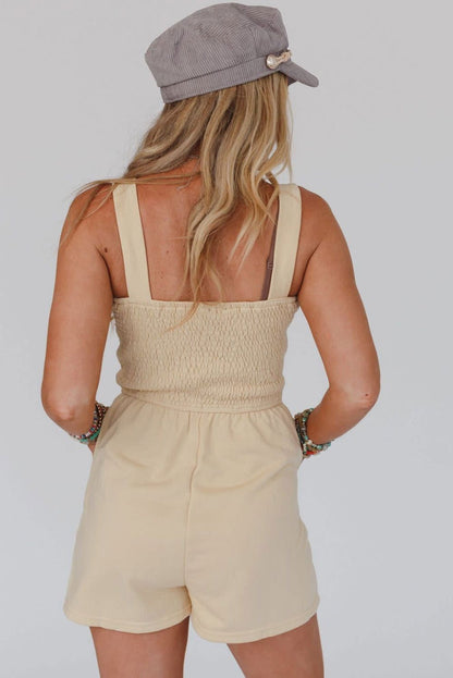 Beige Solid Color Buttons Smocked Sleeveless Romper - Vesteeto