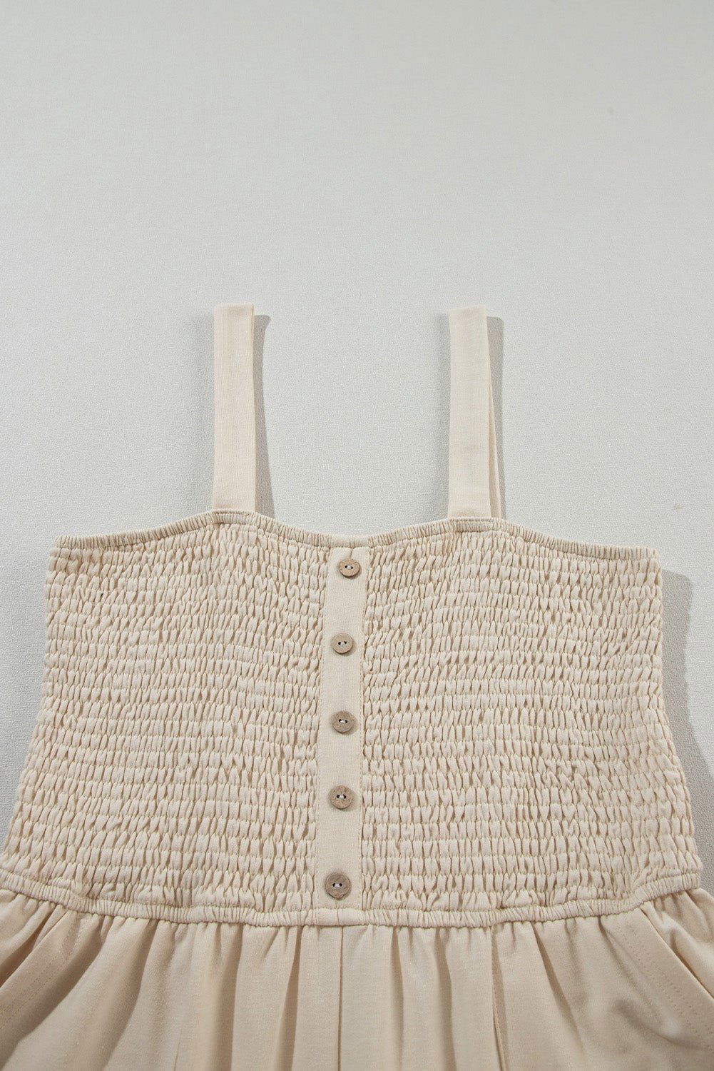 Beige Solid Color Buttons Smocked Sleeveless Romper - Vesteeto