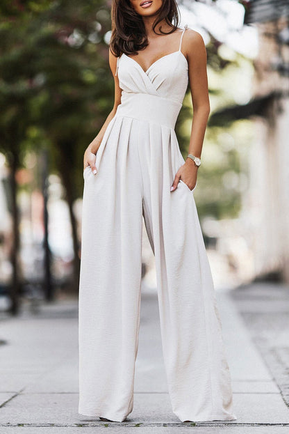 Beige Spaghetti Straps Pleated High Waist Wide Leg Jumpsuit - Vesteeto