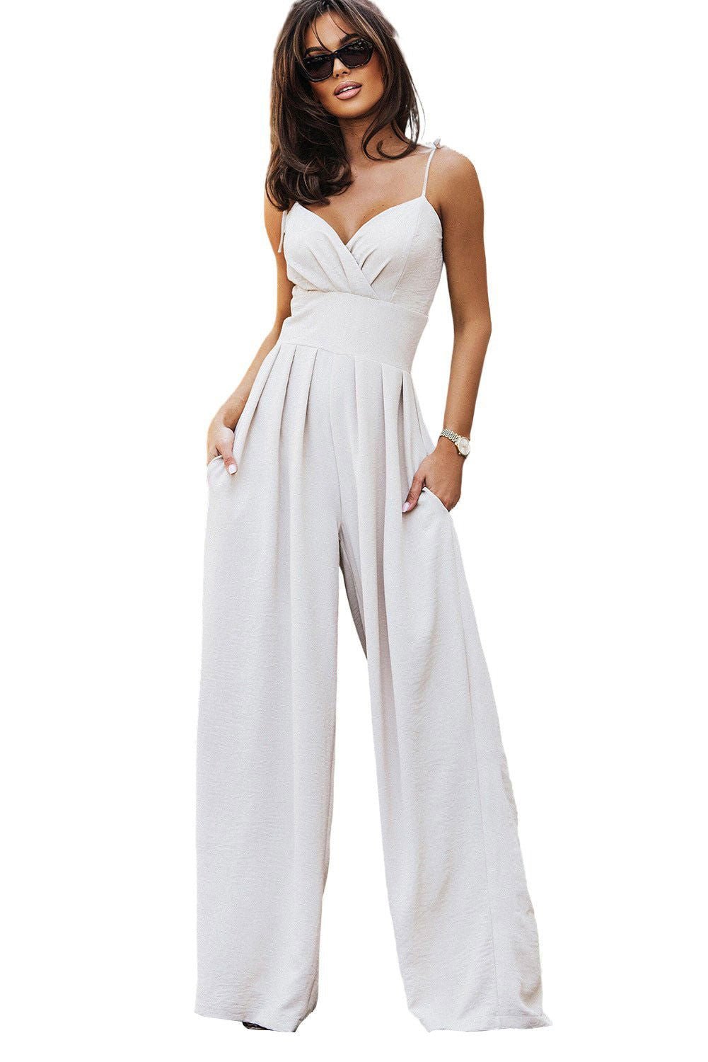 Beige Spaghetti Straps Pleated High Waist Wide Leg Jumpsuit - Vesteeto