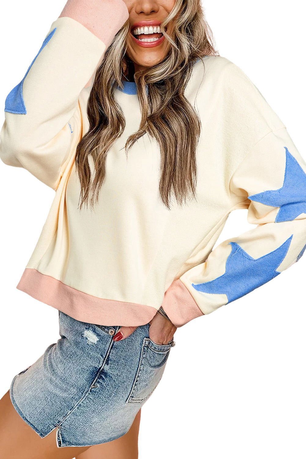 Beige Star Patchwork Exposed Seam Oversized Sweatshirt - Vesteeto