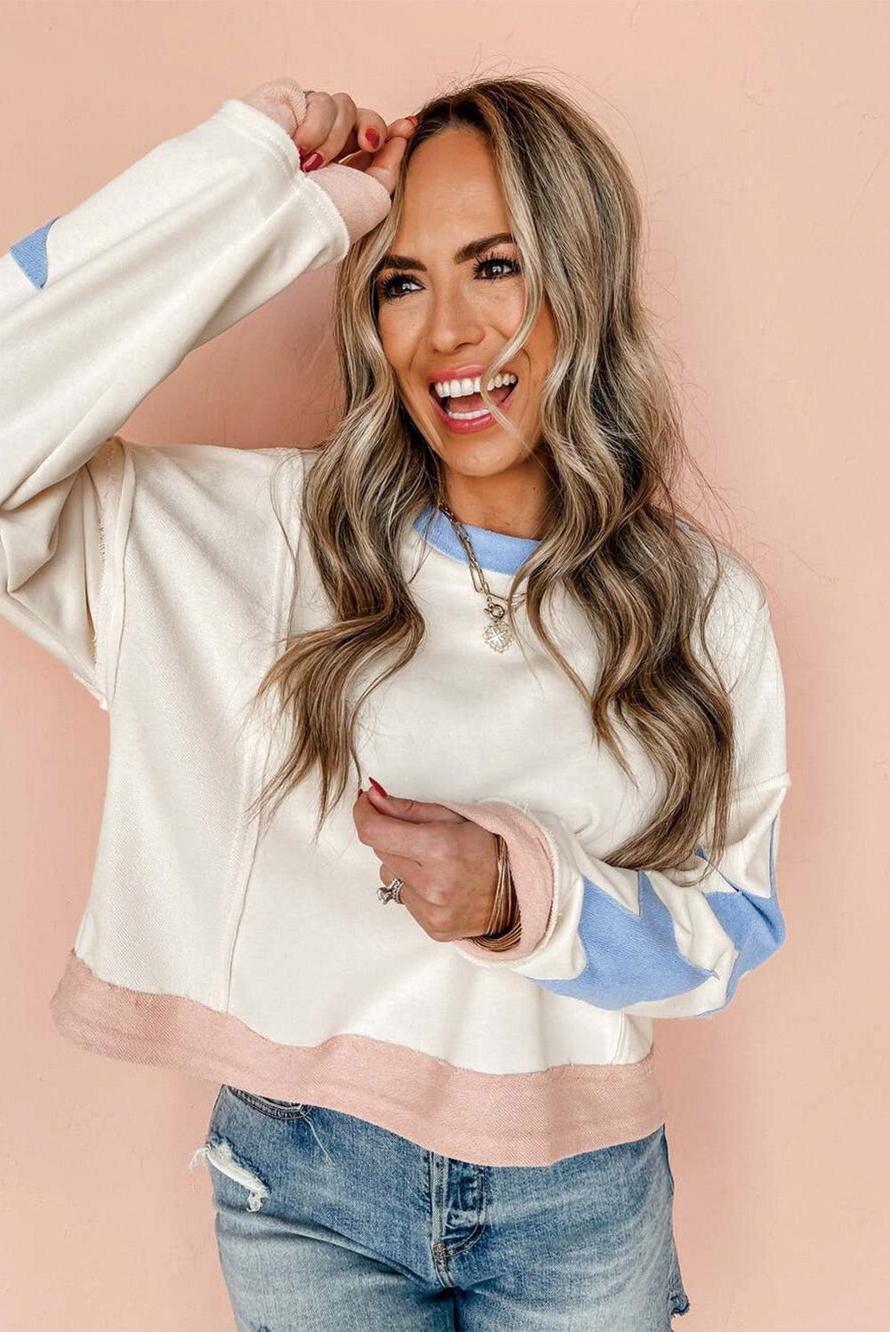 Beige Star Patchwork Exposed Seam Oversized Sweatshirt - Vesteeto