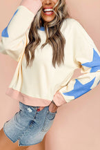 Beige Star Patchwork Exposed Seam Oversized Sweatshirt - Vesteeto