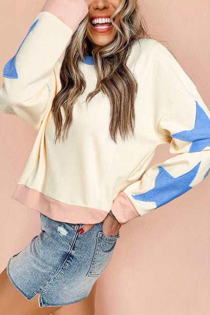 Beige Star Patchwork Exposed Seam Oversized Sweatshirt - Vesteeto