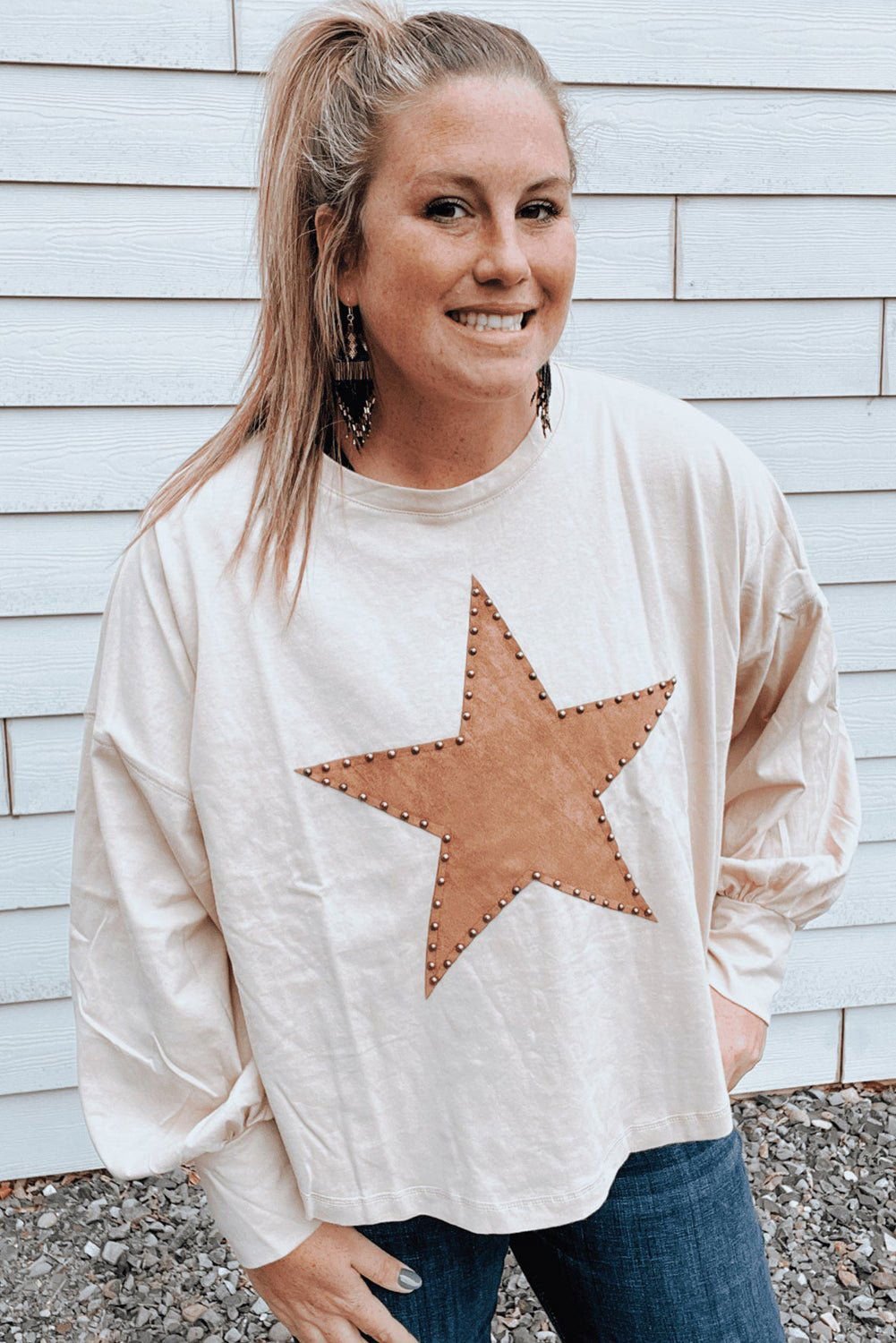 Beige Star Pattern Studded Crew Neck Plus Size Top - Vesteeto