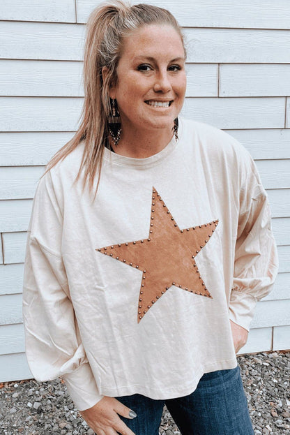 Beige Star Pattern Studded Crew Neck Plus Size Top - Vesteeto