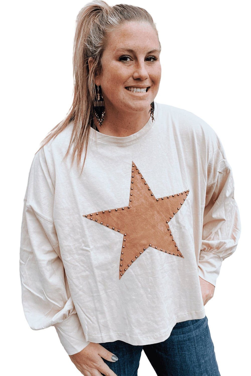 Beige Star Pattern Studded Crew Neck Plus Size Top - Vesteeto