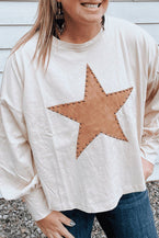 Beige Star Pattern Studded Crew Neck Plus Size Top - Vesteeto