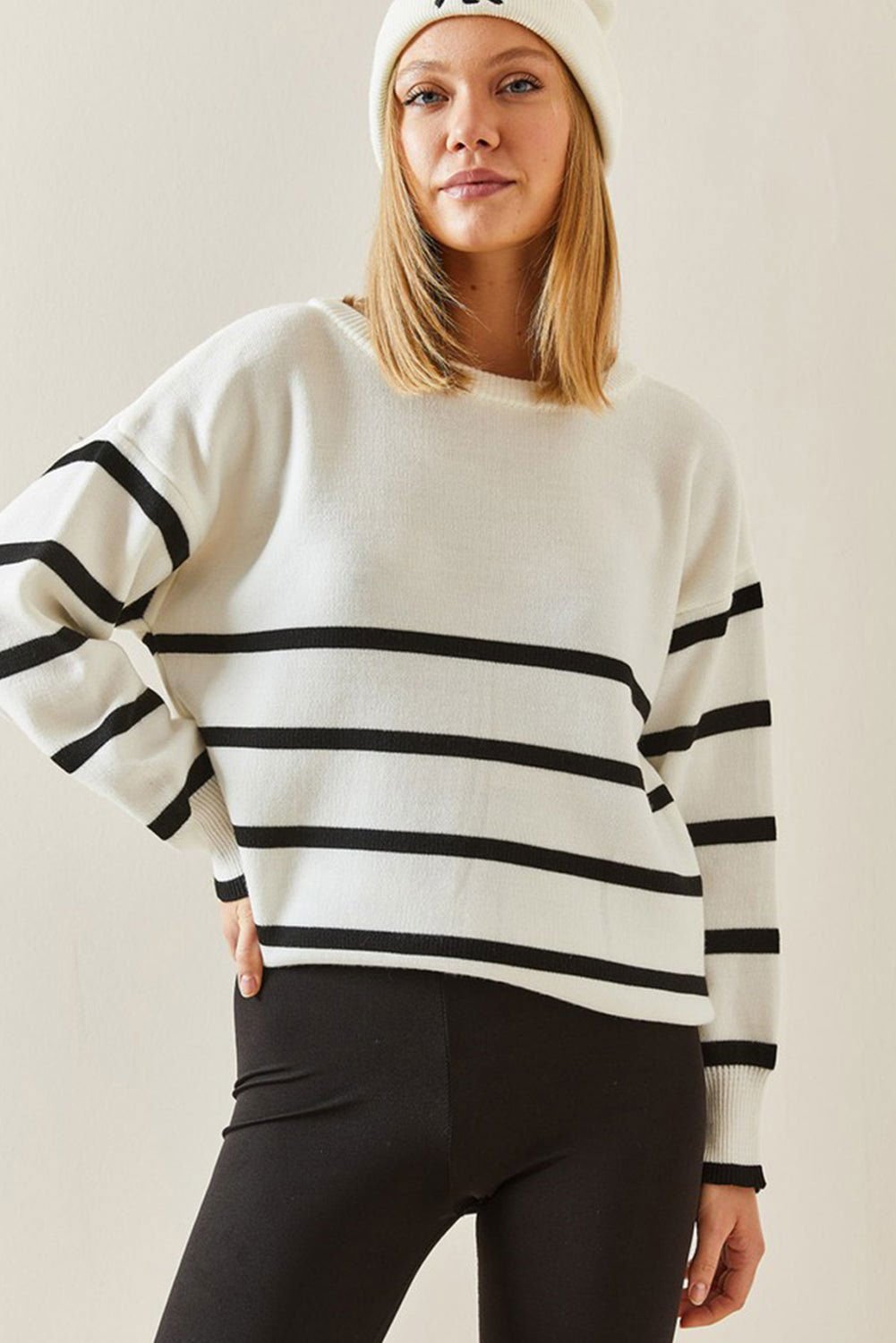 Beige Stripe Crew Neck Drop Sleeve Sweater - Vesteeto