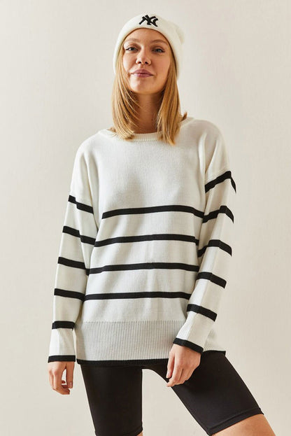 Beige Stripe Crew Neck Drop Sleeve Sweater - Vesteeto