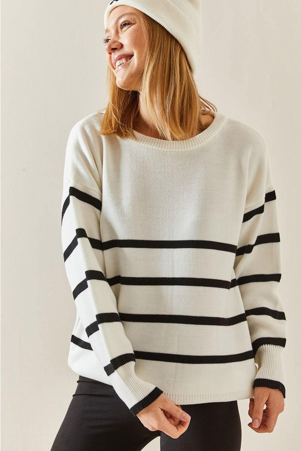 Beige Stripe Crew Neck Drop Sleeve Sweater - Vesteeto