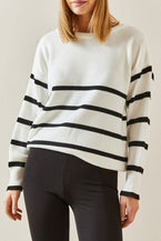 Beige Stripe Crew Neck Drop Sleeve Sweater - Vesteeto