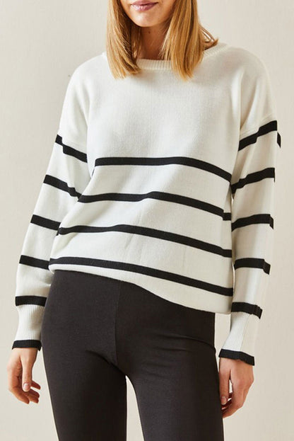 Beige Stripe Crew Neck Drop Sleeve Sweater - Vesteeto