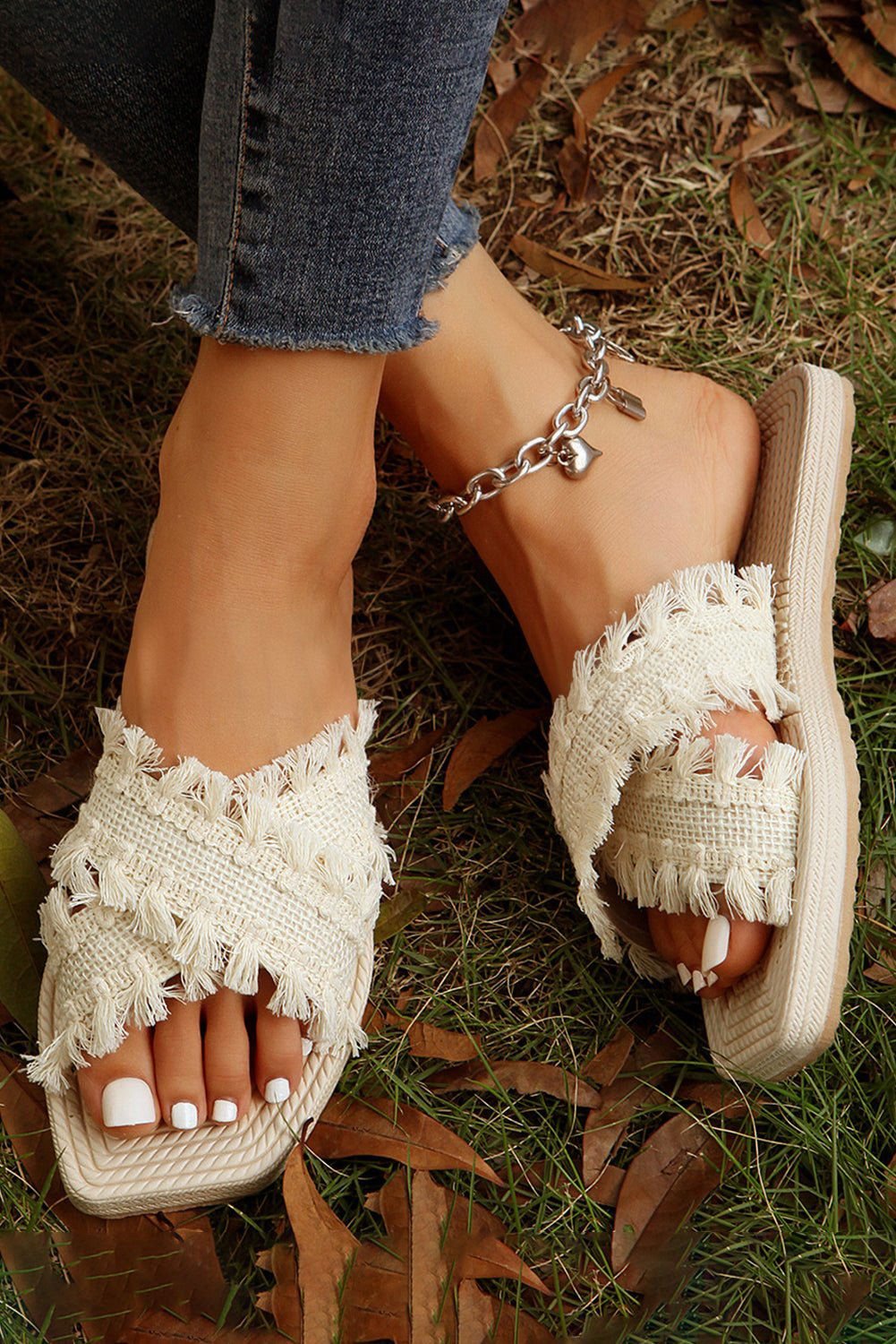 Beige Tassel Woven Crossed Straps Flat Slides Shoes - Vesteeto