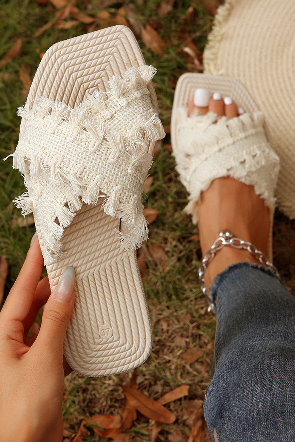 Beige Tassel Woven Crossed Straps Flat Slides Shoes - Vesteeto