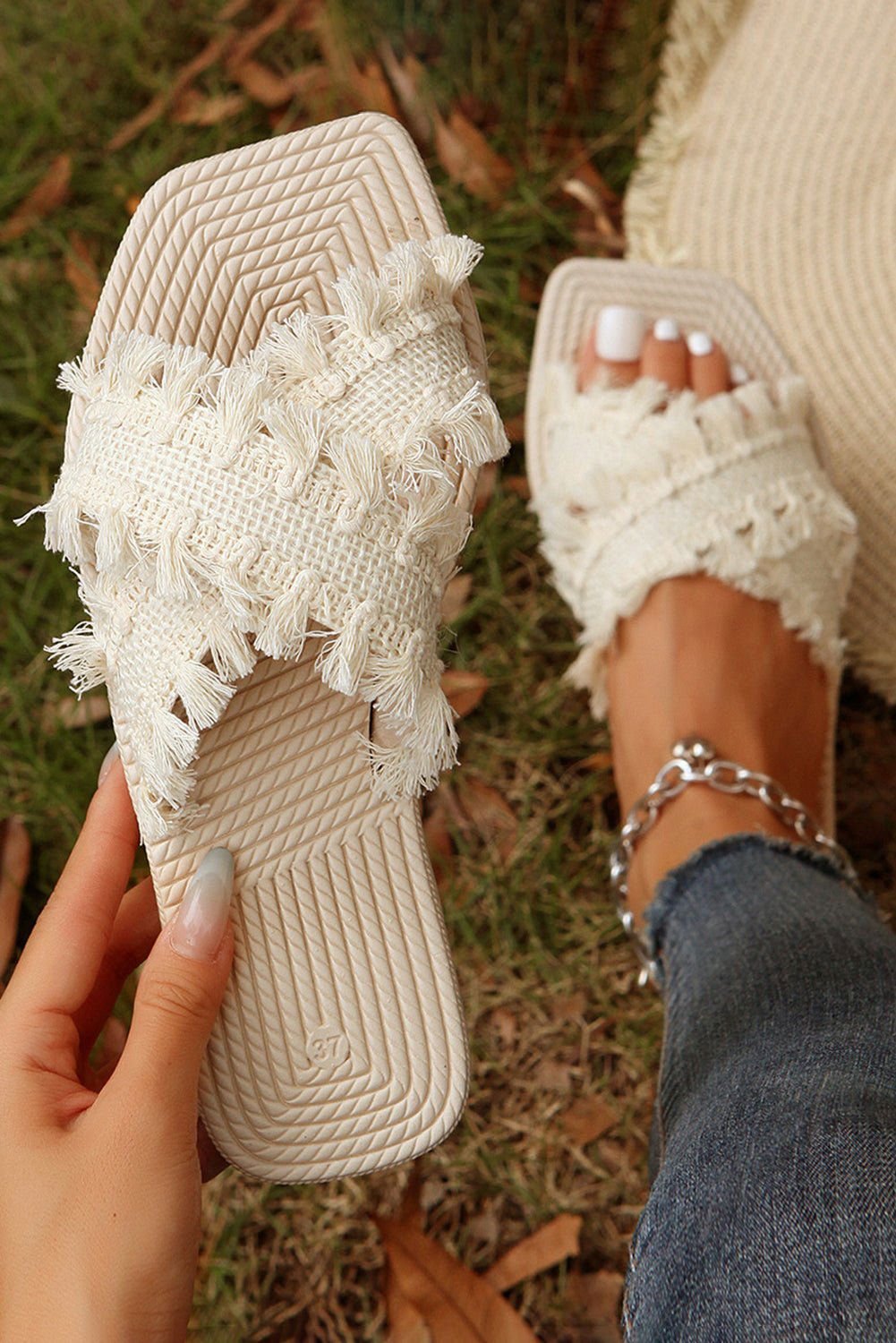 Beige Tassel Woven Crossed Straps Flat Slides Shoes - Vesteeto