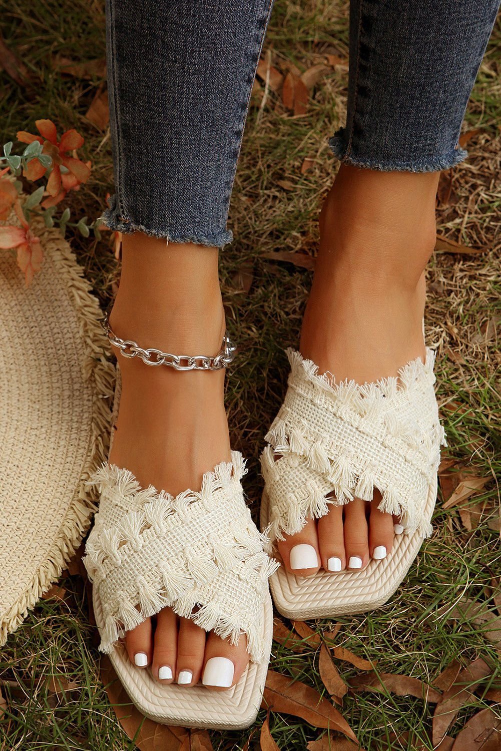 Beige Tassel Woven Crossed Straps Flat Slides Shoes - Vesteeto