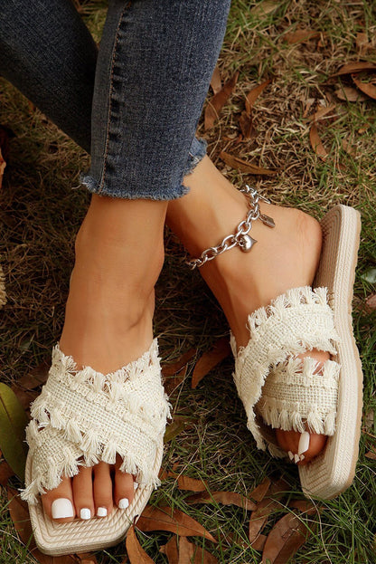 Beige Tassel Woven Crossed Straps Flat Slides Shoes - Vesteeto