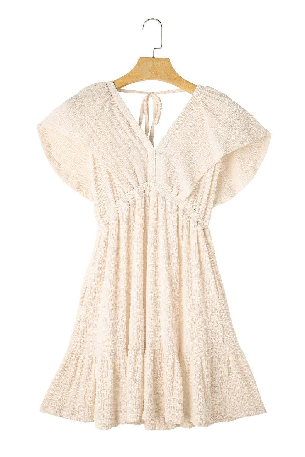 Beige Textured Deep V Neck Cutout Back Mini Dress - Stylish Look - Vesteeto