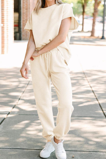 Beige Textured Drawstring Waist Straight Leg Joggers - Vesteeto