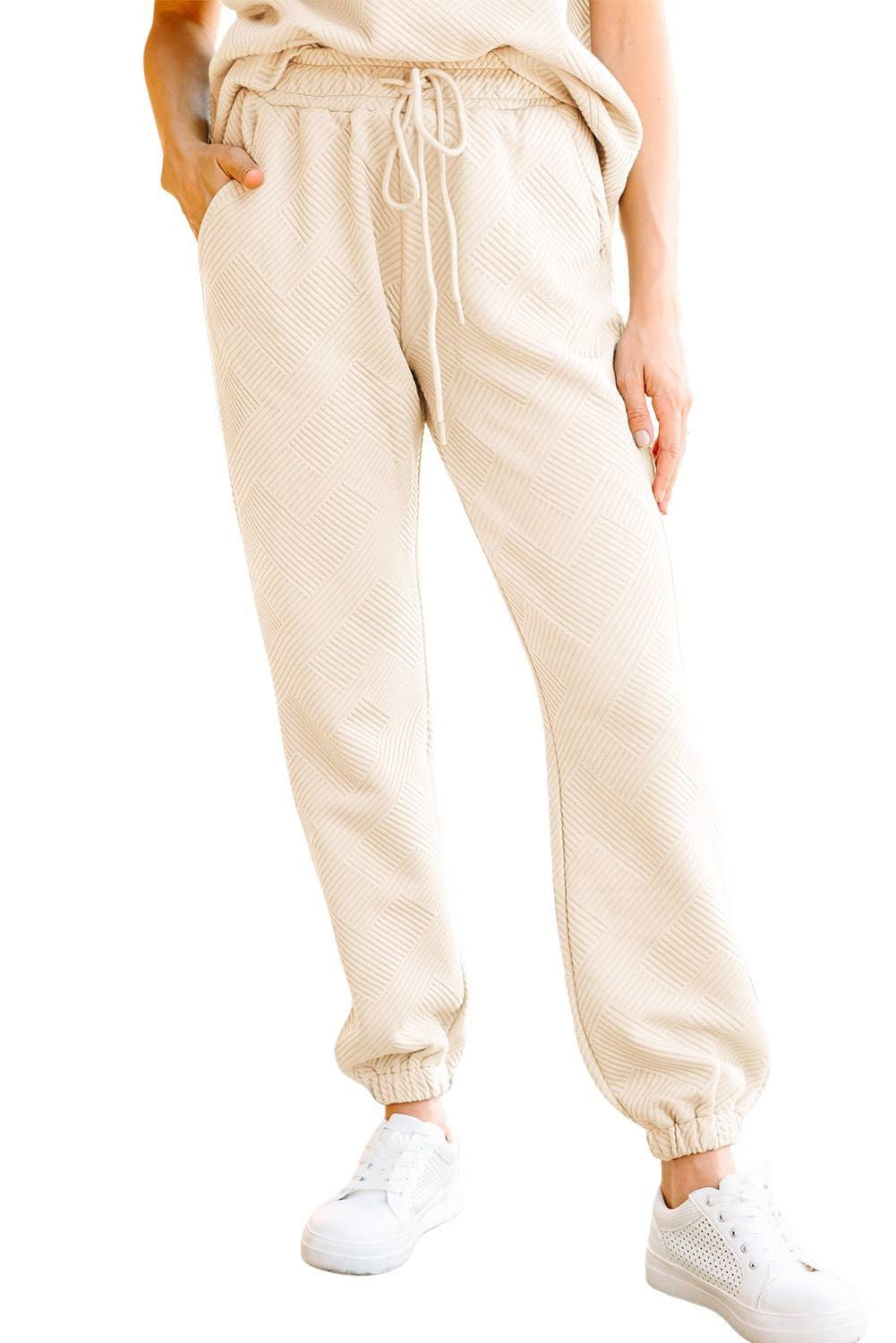 Beige Textured Drawstring Waist Straight Leg Joggers - Vesteeto