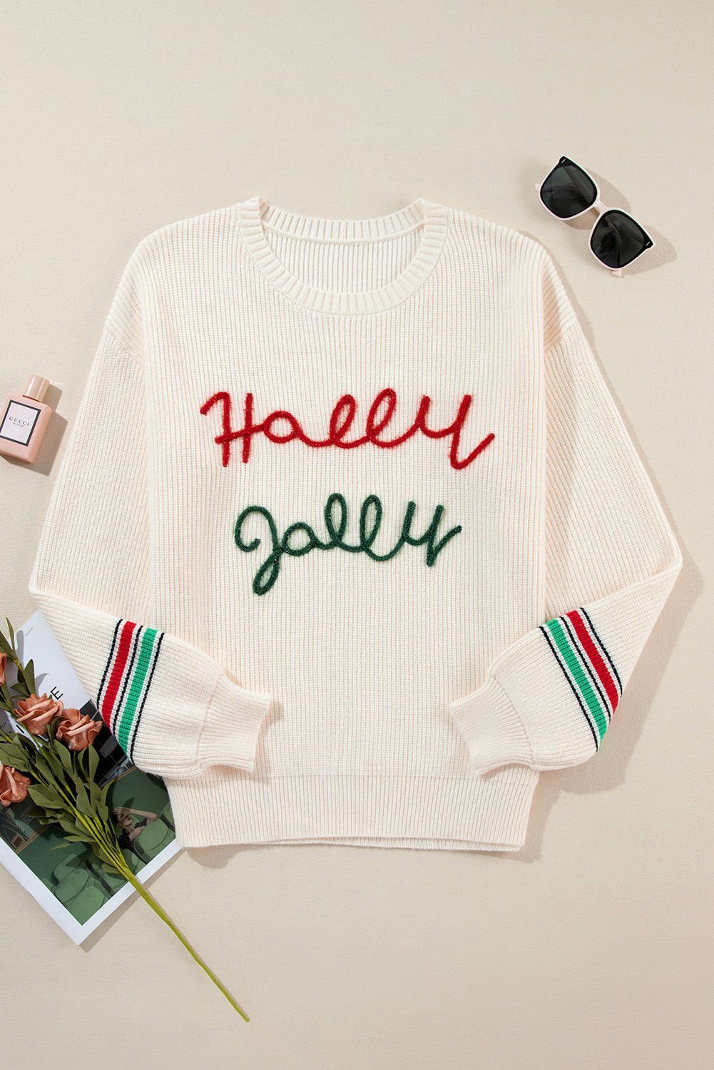 Beige Tinsel Holly Jolly Graphic Round Neck Sweater - Vesteeto