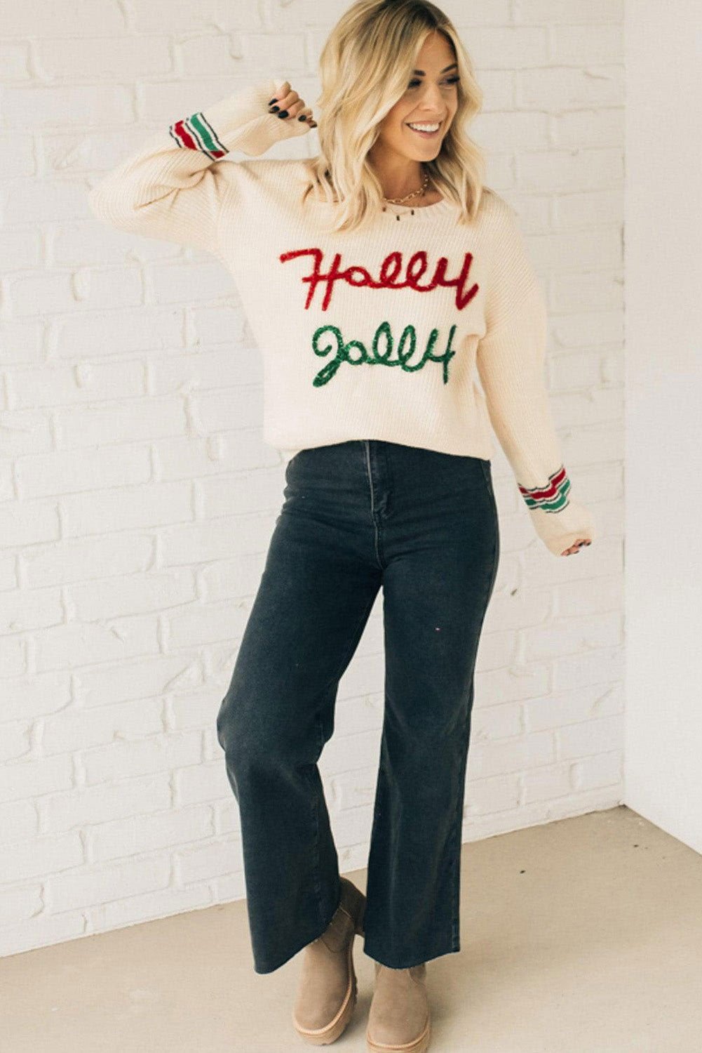 Beige Tinsel Holly Jolly Graphic Round Neck Sweater - Vesteeto